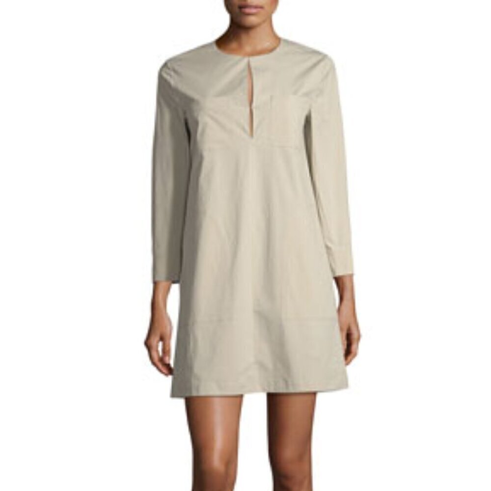 Theory Jullitah B-light split neck tunic poplin mini dress stretch cotton tan 0